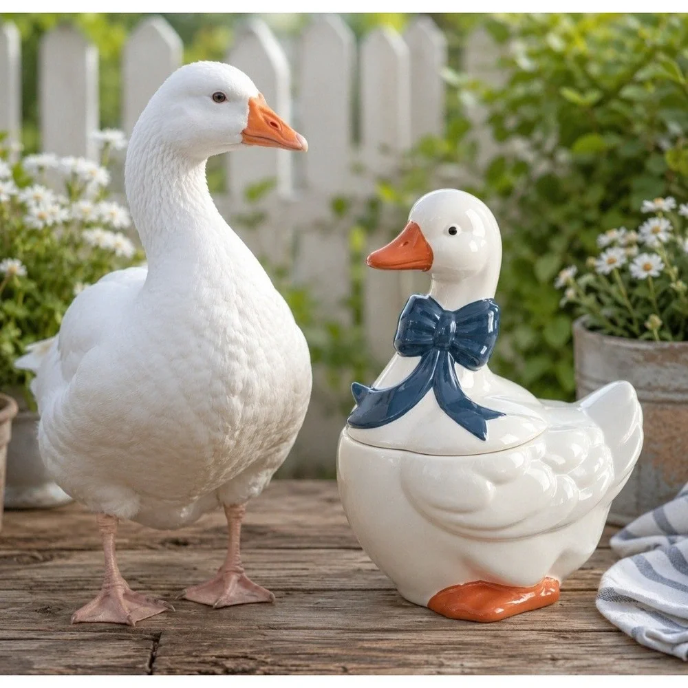 VTG Mother Goose Ceramic Cookie Jar Blue Ribbon Bow Orange Feet Cottagecore